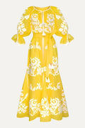 Foberini, Embroidered dress, yellow, floral motif, hand-embroidered