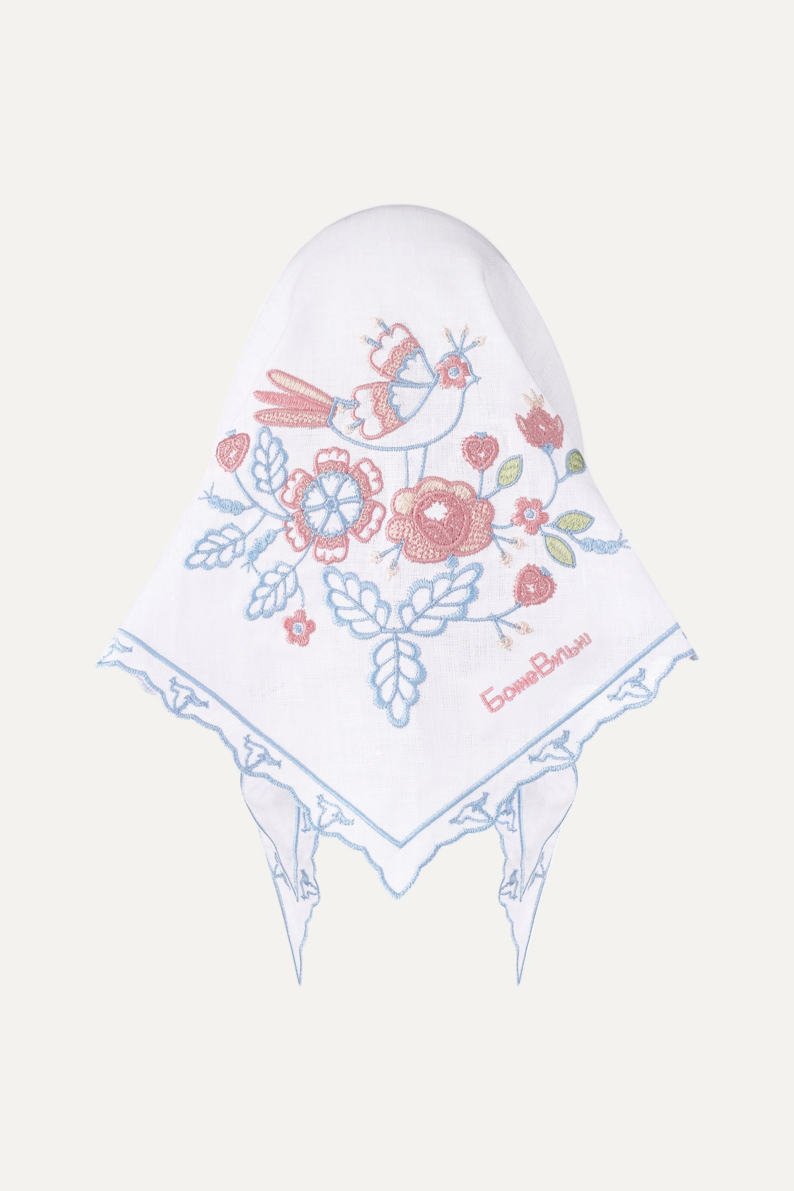 Embroidered headband with floral and bird design on a white background