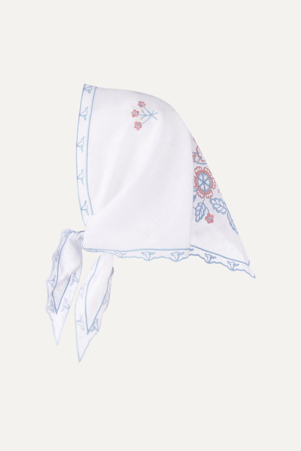 White headscarf with floral embroidery on a white background