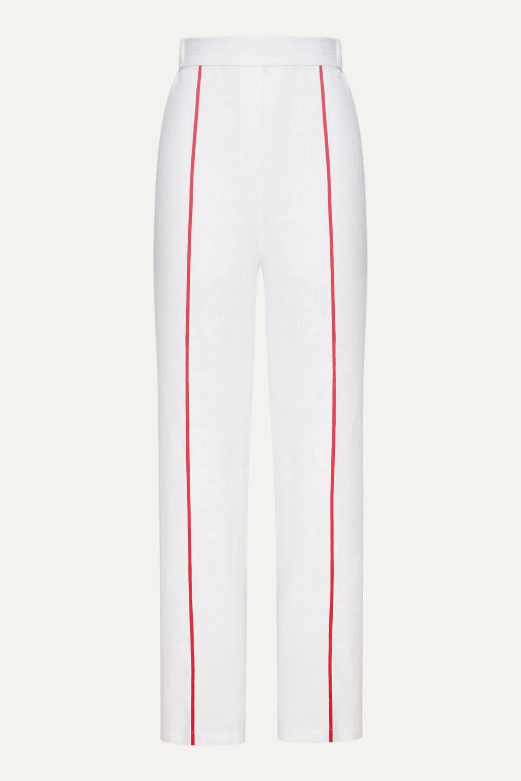White pants with red stripes on a white background