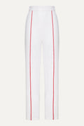 White pants with red stripes on a white background