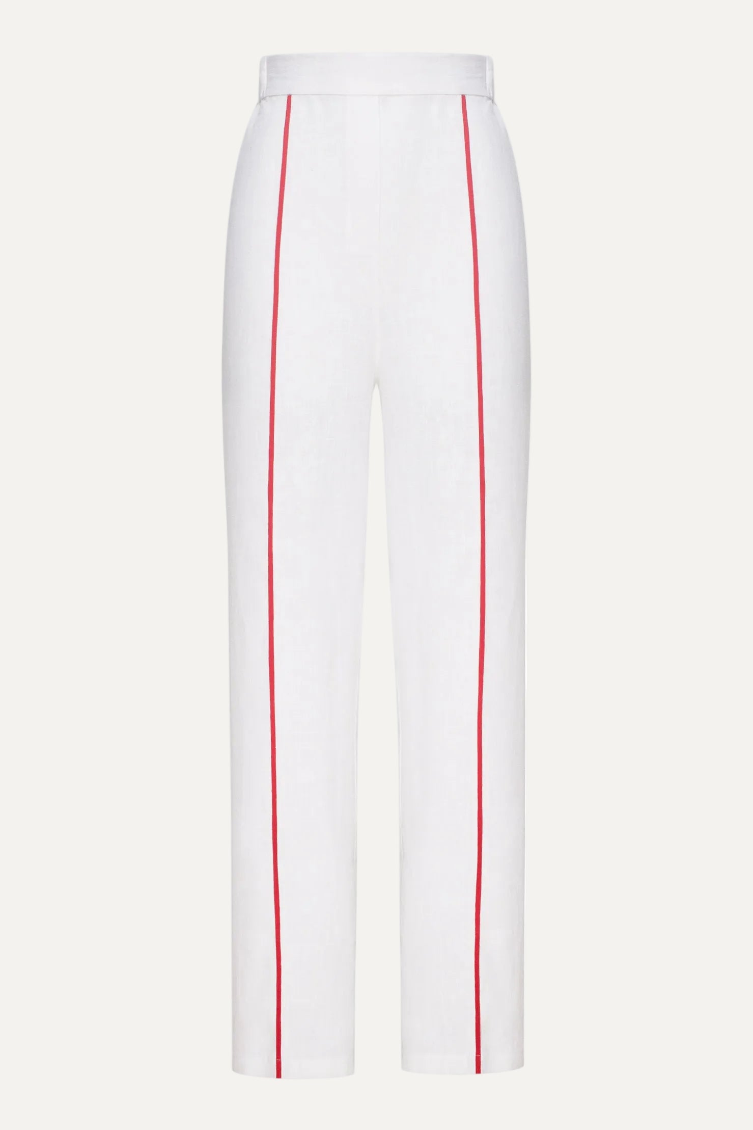 White pants with red stripes on a white background