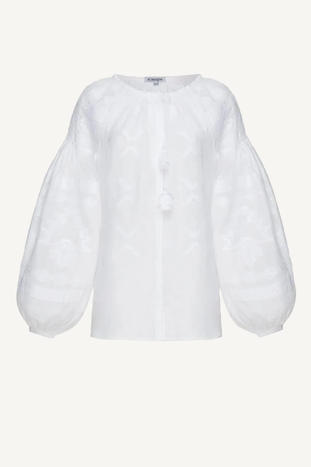 Foberini, Ukrainian vyshyvanka embroidered blouse, white, linen, geometric motif, hand-embroidered