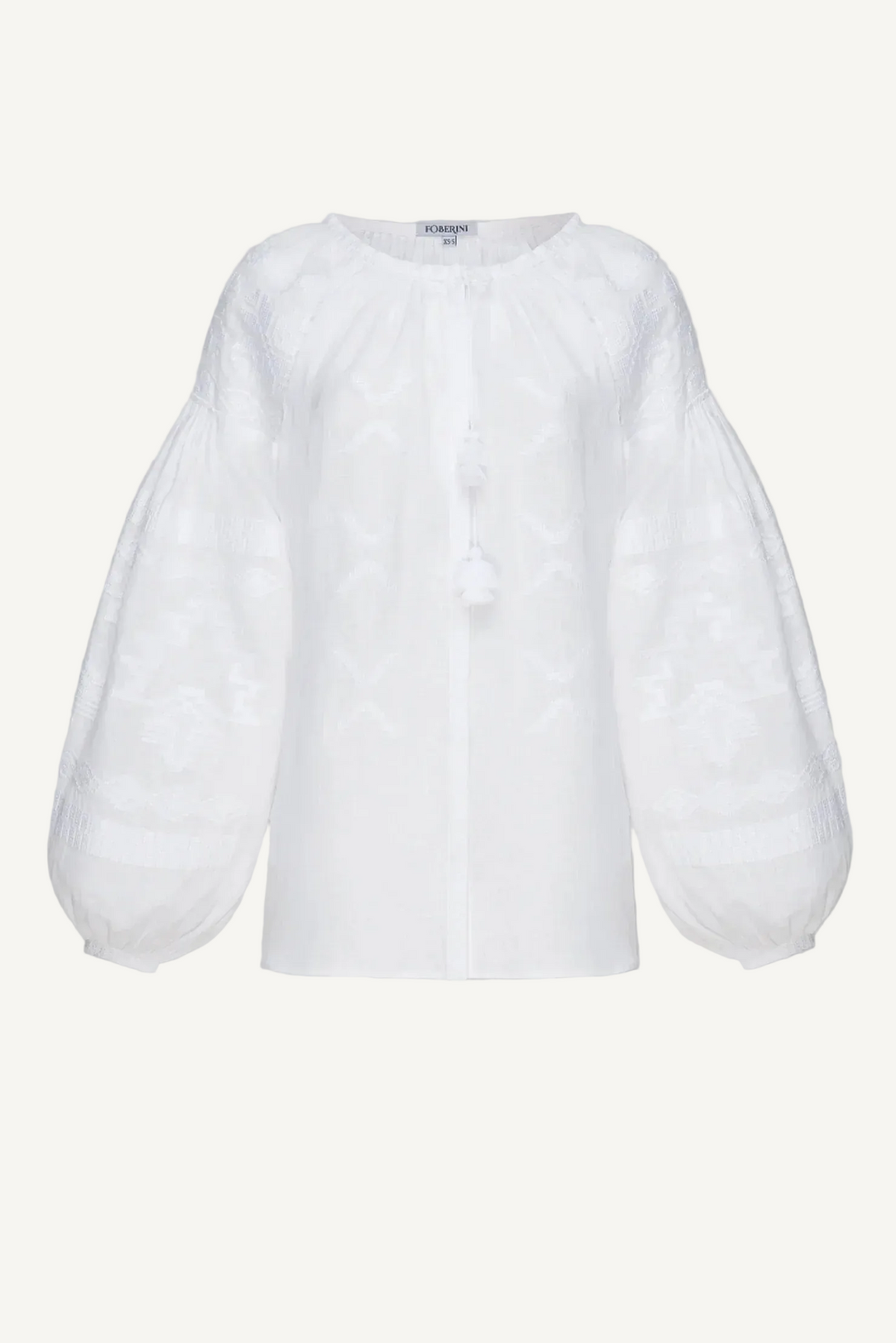 Foberini, Ukrainian vyshyvanka embroidered blouse, white, linen, geometric motif, hand-embroidered