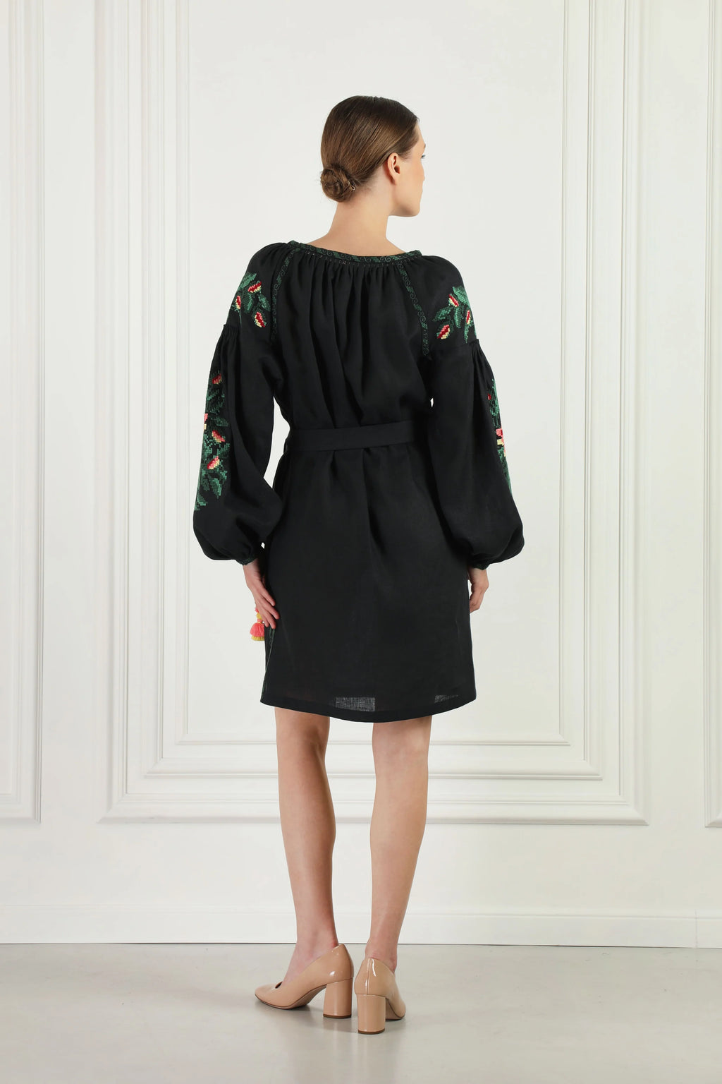 Model wearing the Miroslava black embroidered linen mini dress