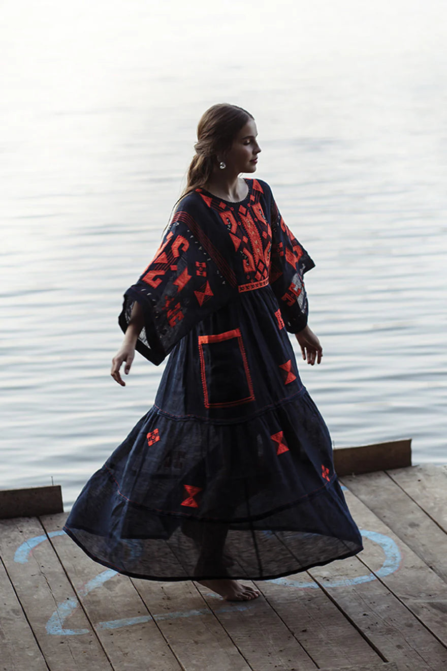 Braille Long Dress in Navy Blue and Orange Embroidery
