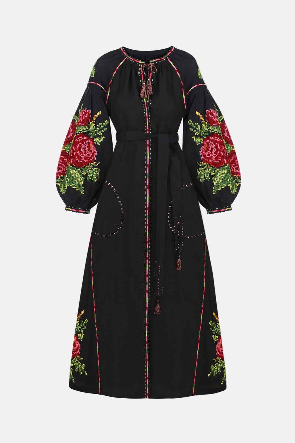 Black dress with colorful floral embroidery on a blouse roumaine shop