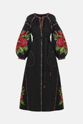 Black dress with colorful floral embroidery on a blouse roumaine shop