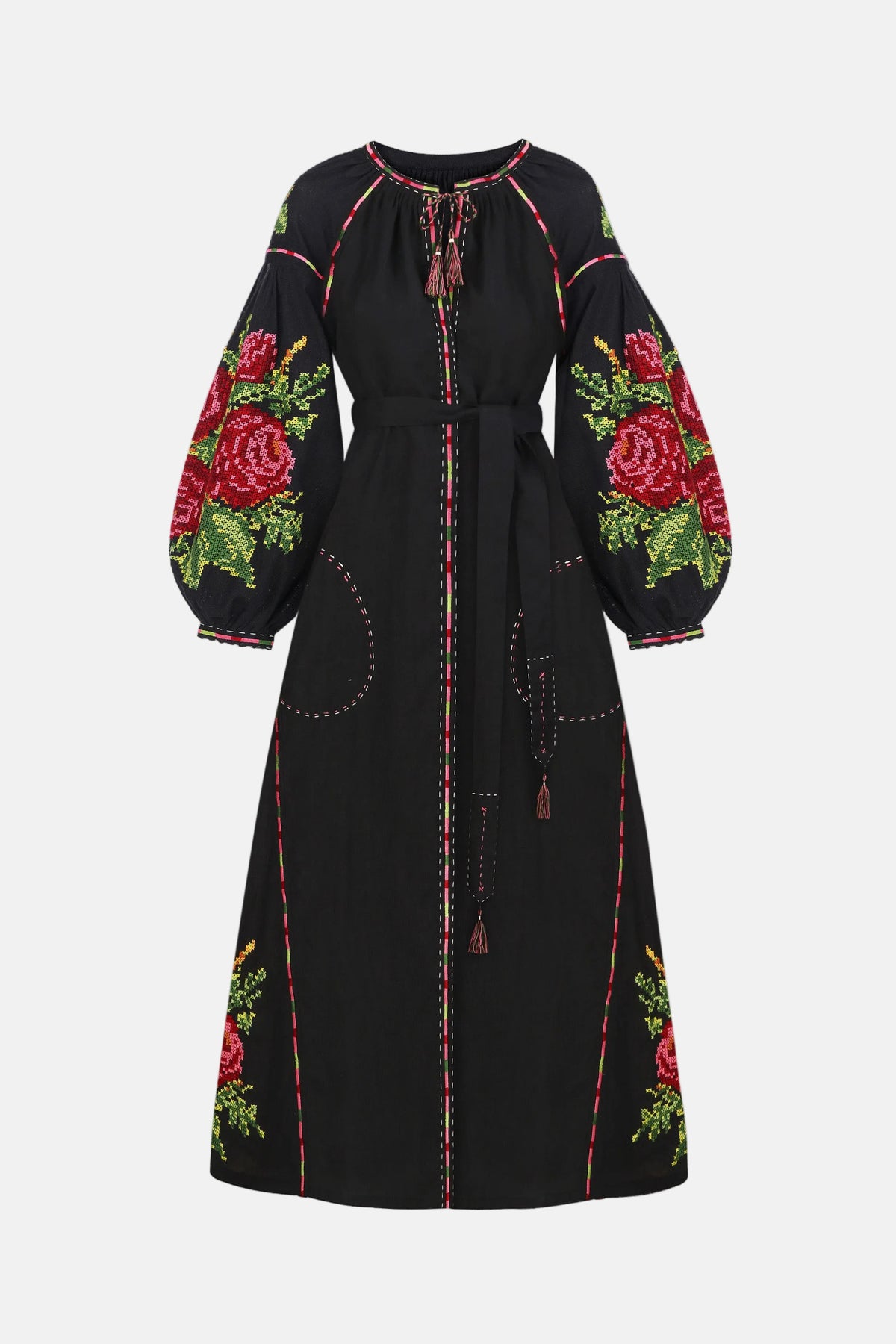 Black dress with colorful floral embroidery on a blouse roumaine shop