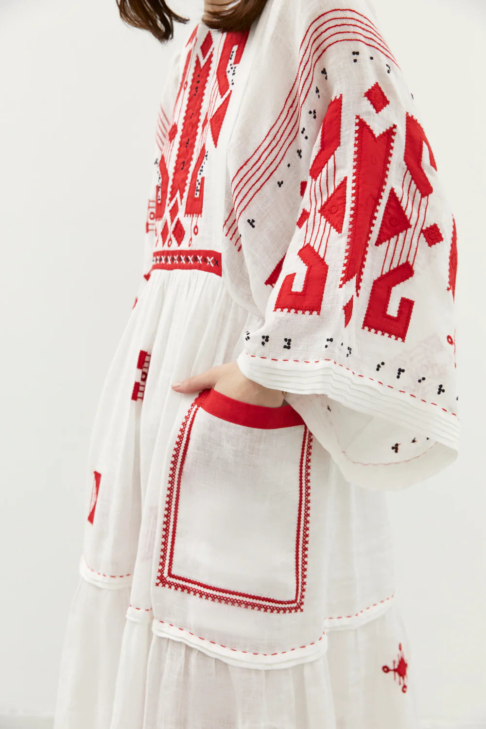 Braille white linen long dress - red geometric embroidery detail