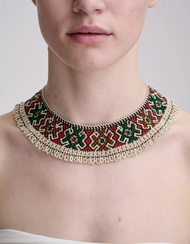 Ukrainian silyanka beaded collar necklace, geometric diamond pattern