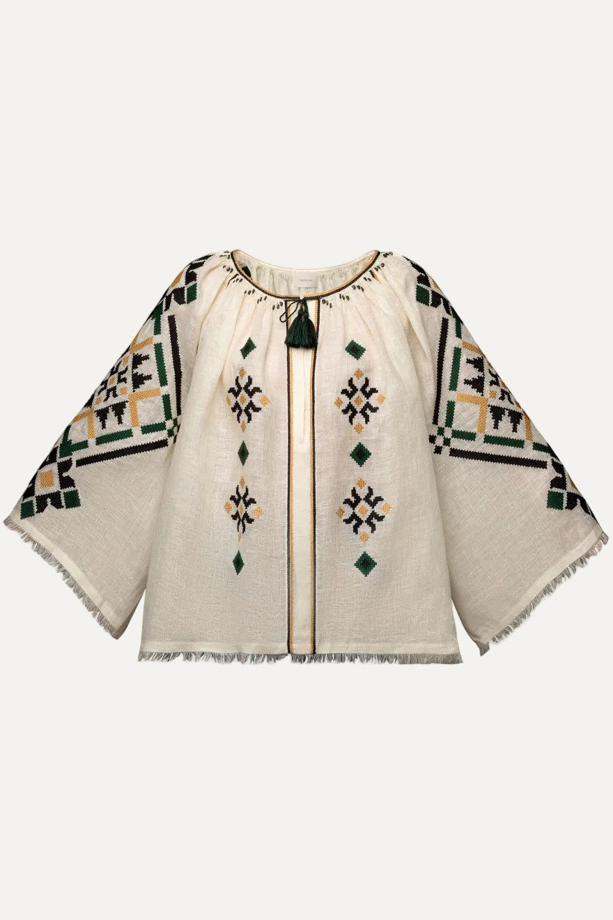 Traditional-style blouse with geometric patterns on a white background