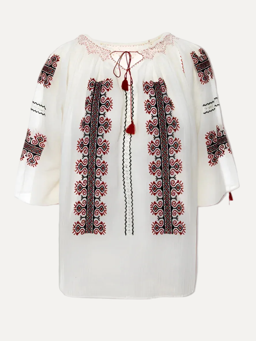 Authentic handmade Romanian blouse, black, hand-embroidered – embroidery detail