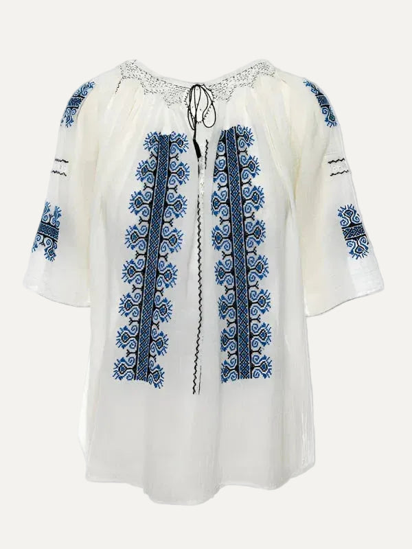 Ie Tradițională Mânecă 3/4 cu Dantelă Ajur și Broderie Bleumarin 'Creasta Cocoșului' Lucrată Manual