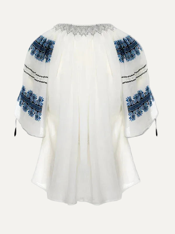 Ie Tradițională Mânecă 3/4 cu Dantelă Ajur și Broderie Bleumarin 'Creasta Cocoșului' Lucrată Manual