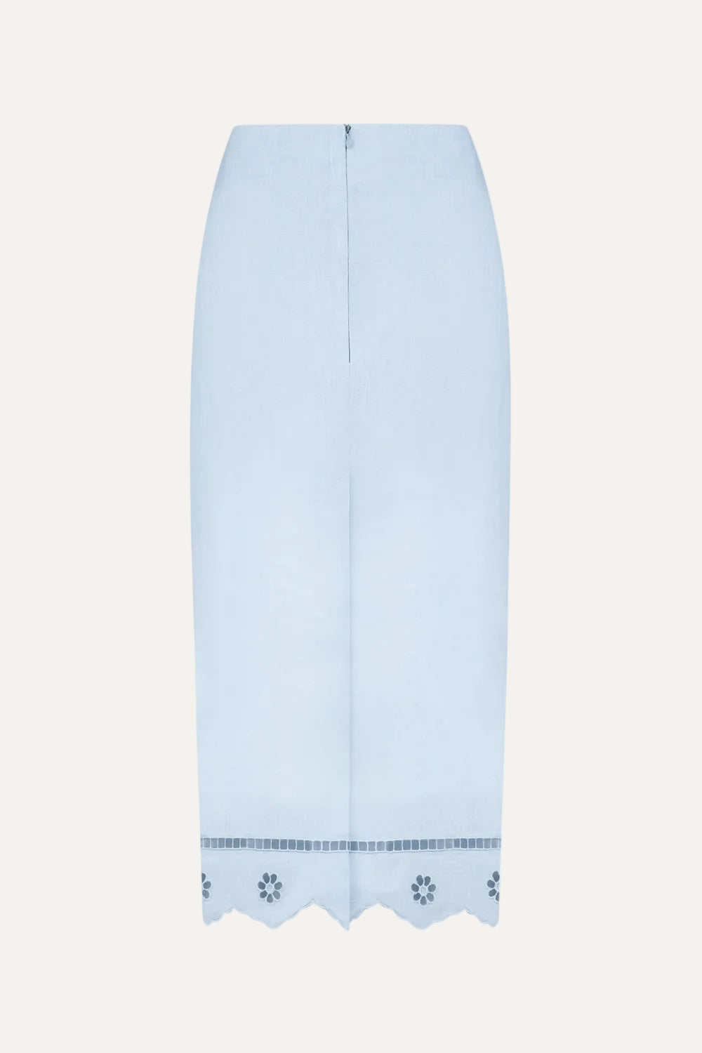 Light blue skirt with floral hem on a white background