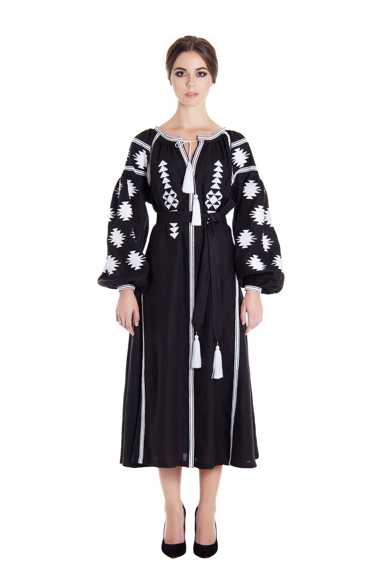 Foberini black linen midi dress, white Ukrainian geometric embroidery - embroidery detail