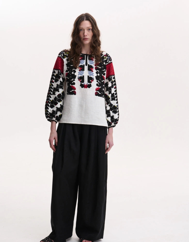Linen Embroidered Folk Pattern Blouse Hand Made “Borshchiv Festive”