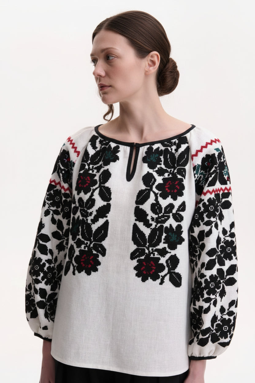 Women’s hand-embroidered Vyshyvanka blouse “Floral”white embroidered blouse with black floral patterns and red accents Blouse Roumaine Shop