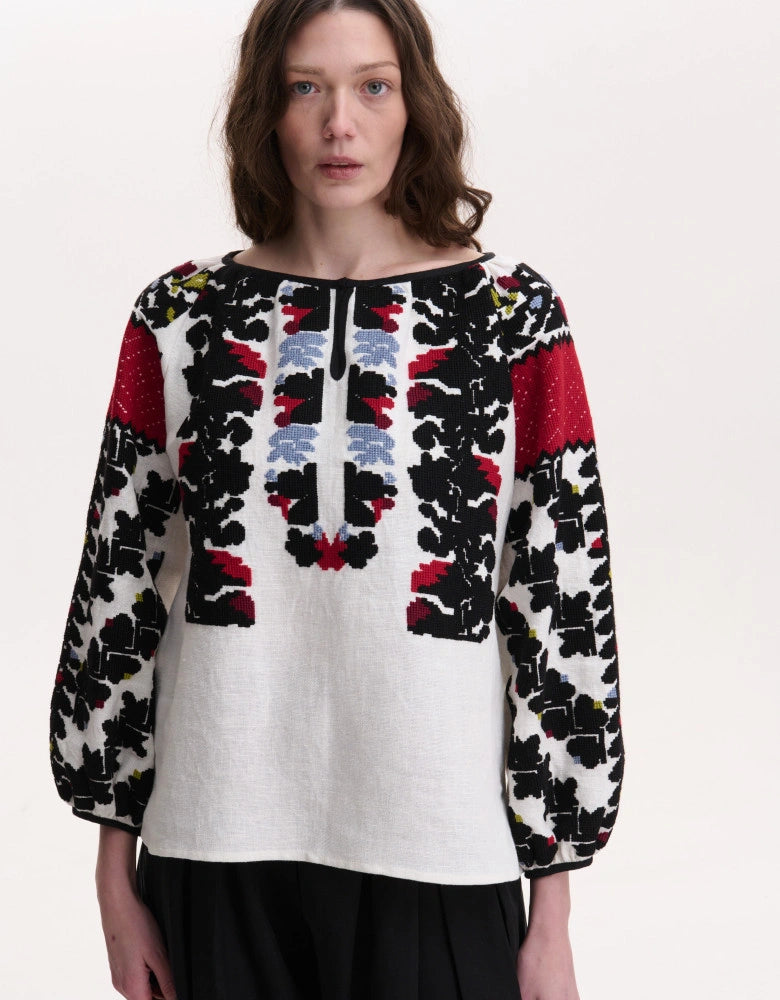 Linen Embroidered Folk Pattern Blouse Hand Made “Borshchiv Festive”