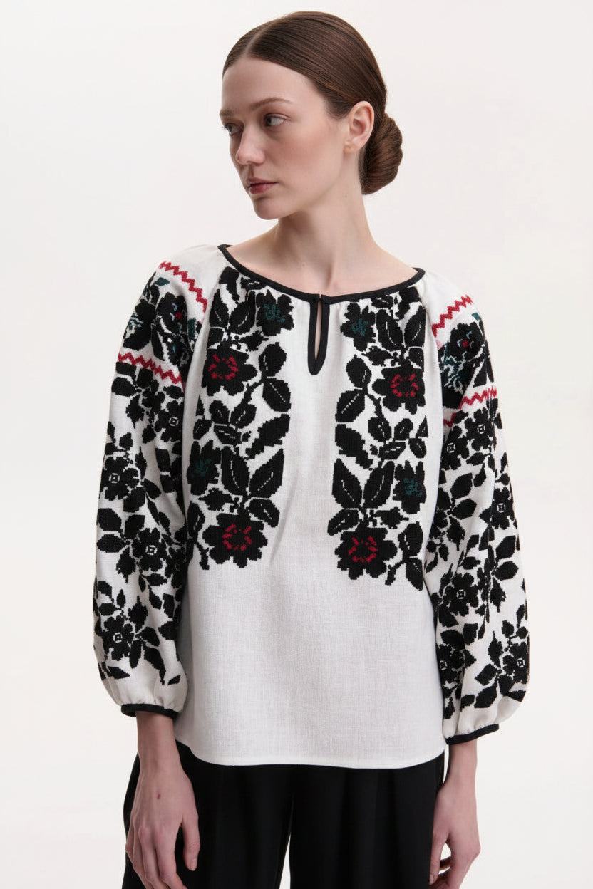 Floral hand-embroidered women’s Vyshyvanka blouse_ white linen blouse with black floral embroidery and red Blouse Roumaine Shop
