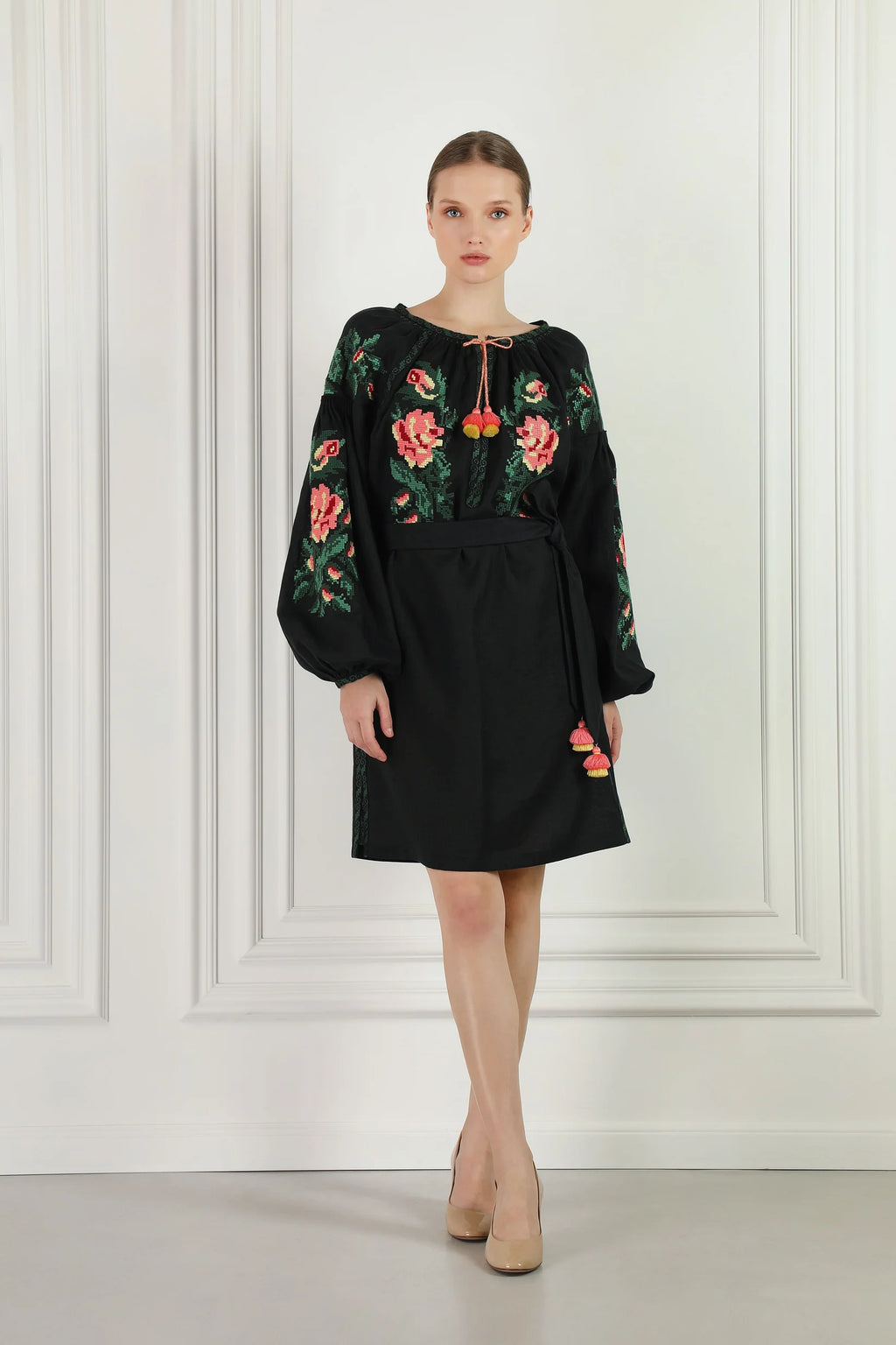 Miroslava black linen mini dress – floral cross-stitch sleeve detail