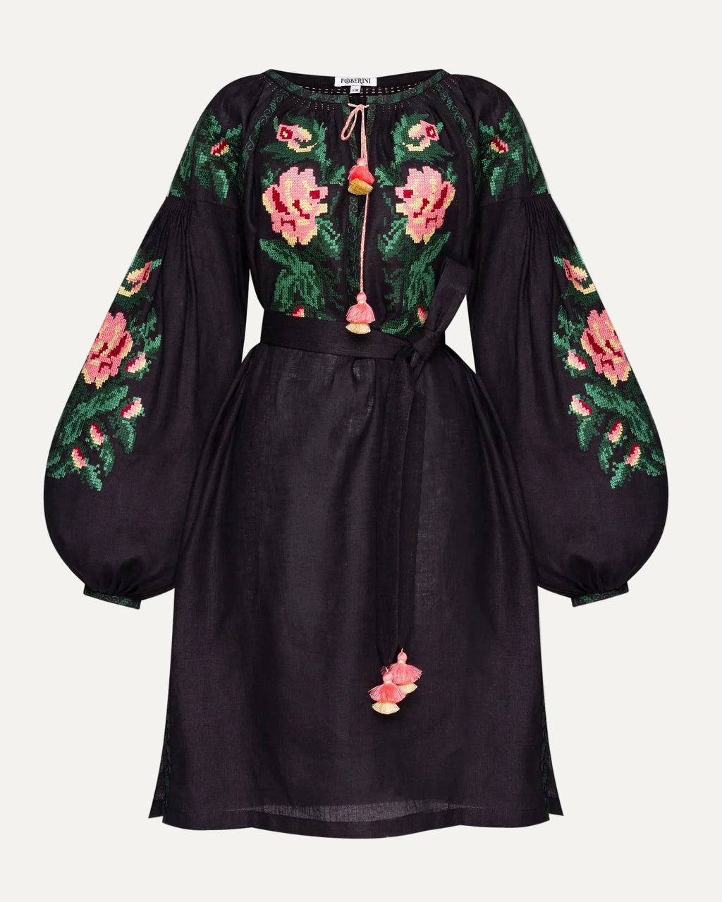 Black dress with floral embroidery on a white background