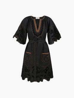 My Sleeping Gypsy, Embroidered dress, white, geometric motif, hand-embroidered