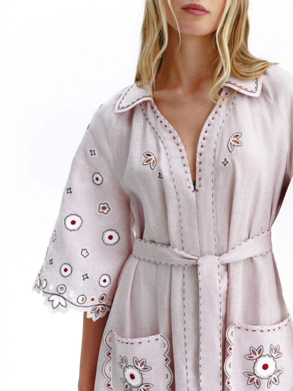 Glass House powder pink maxi dress – hand-cut Richelieu hem detail