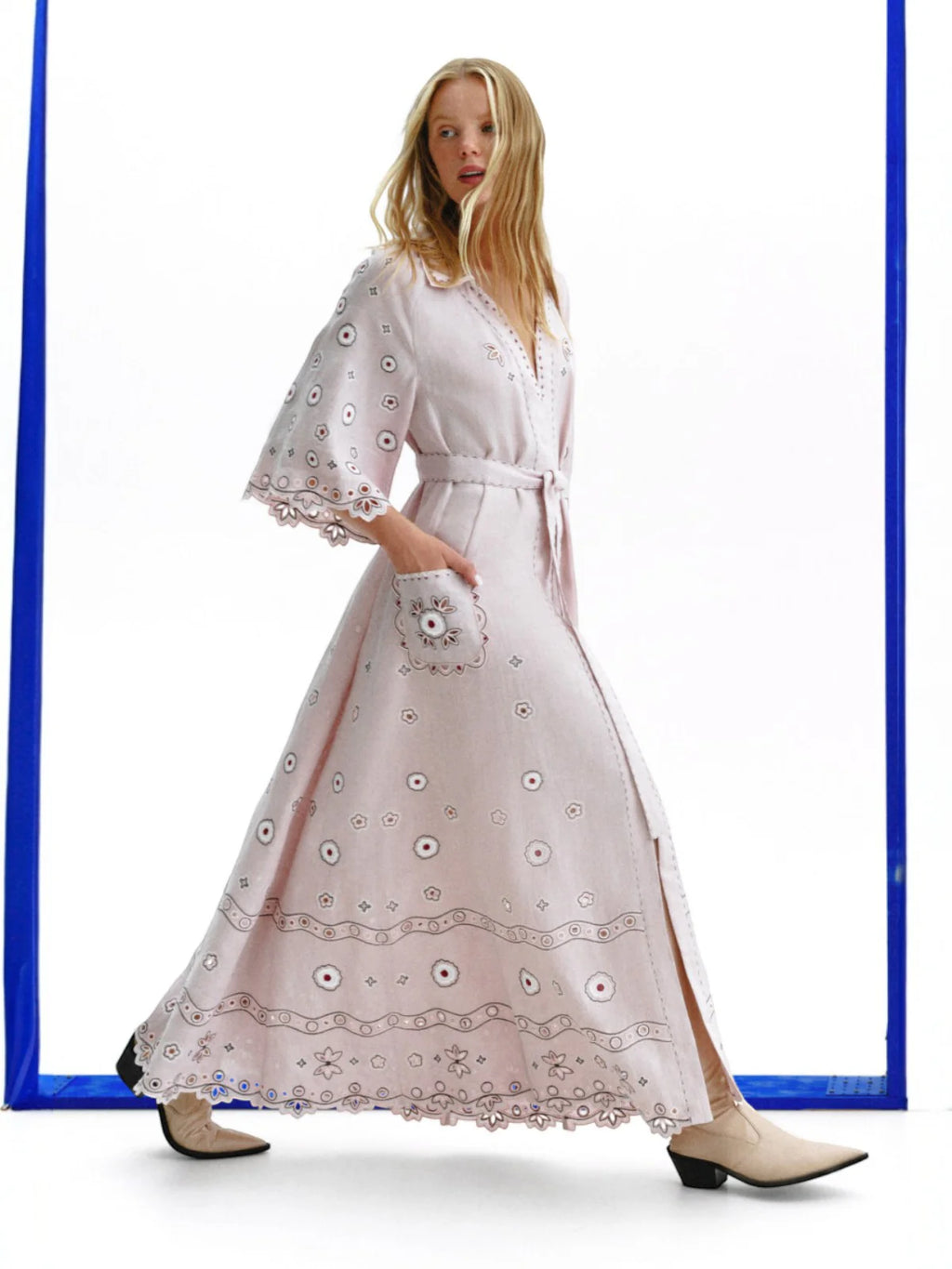 Glass House powder pink maxi dress – contrast embroidery detail