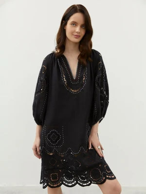 Merezhivo short dress in Black 24k beads embellished
