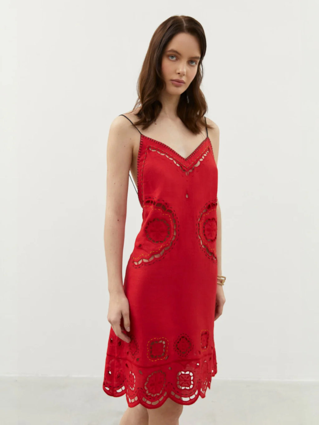 Merezhivo red linen strap dress – gilded bead neckline detail