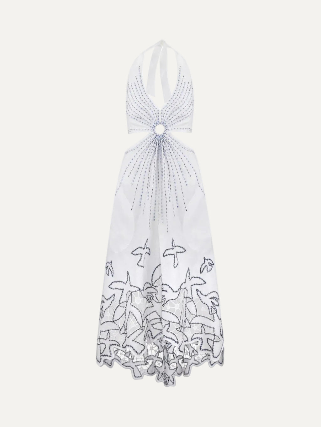 White halter neck dress with floral embroidery on a white background