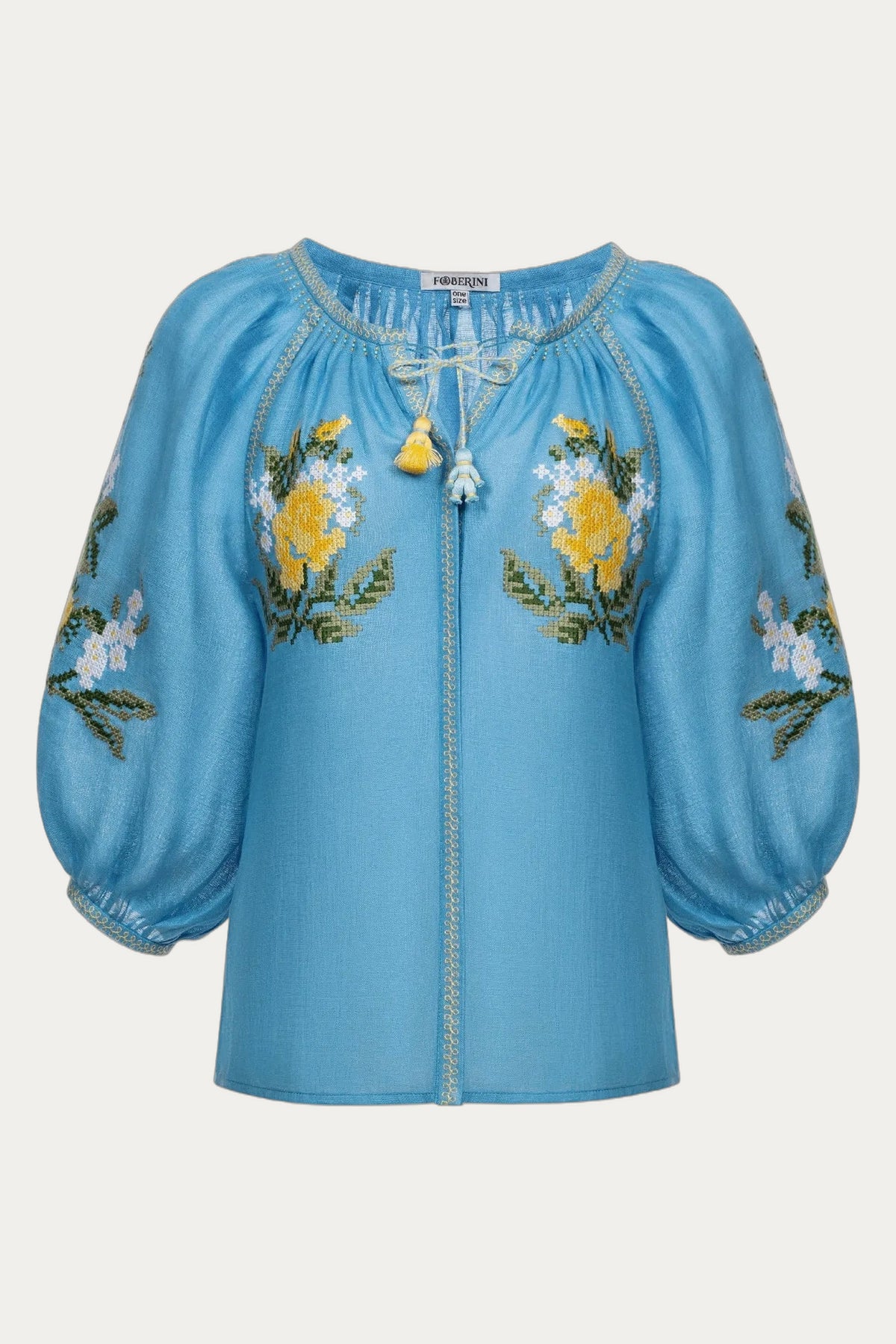 Blue Cross-stitched floral embroidery Linen Blouse Evelyn by Foberini