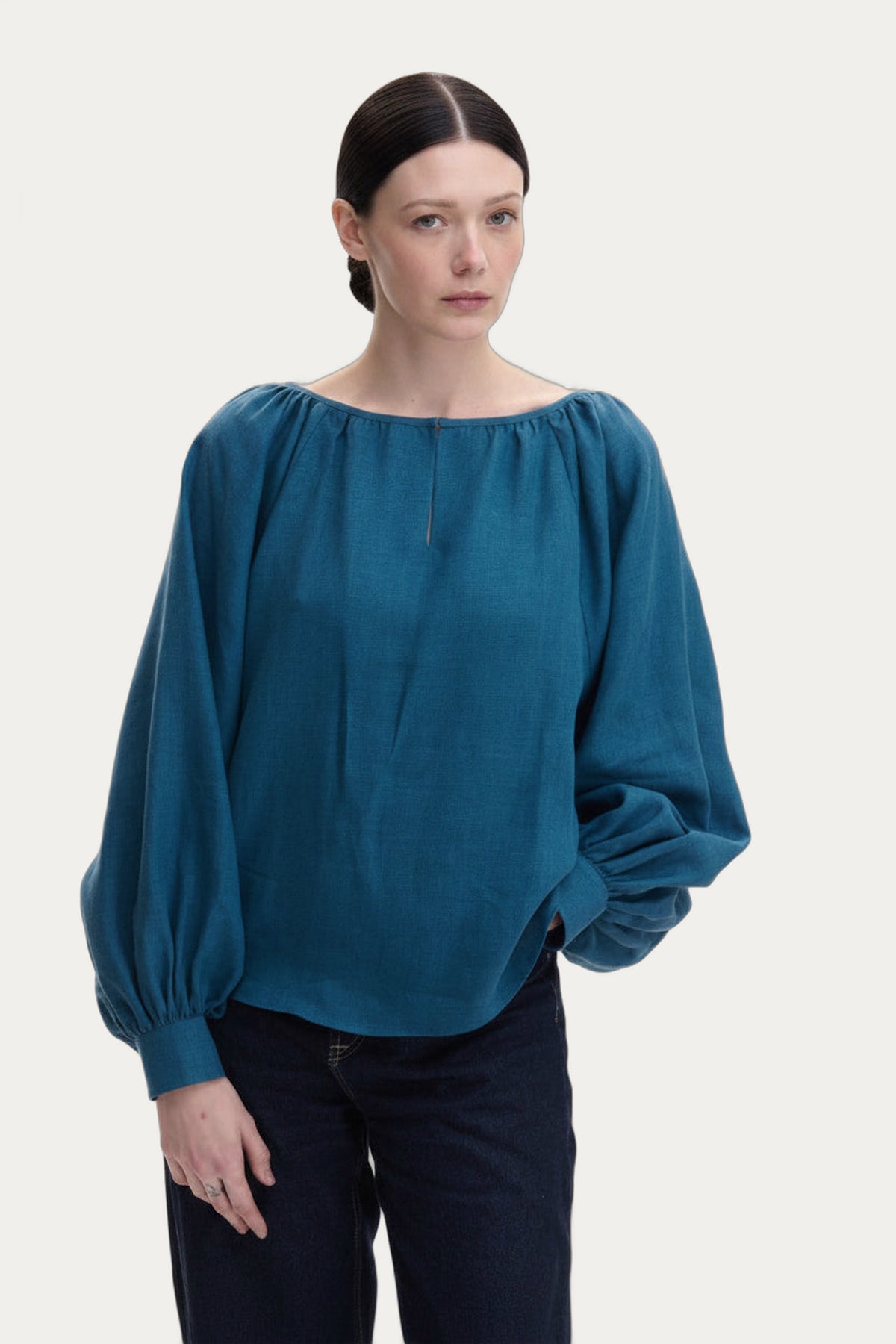 Blue Pure Linen Puffed Sleeves Peasant Blouse — Bohemian Cut by Koza Dereza