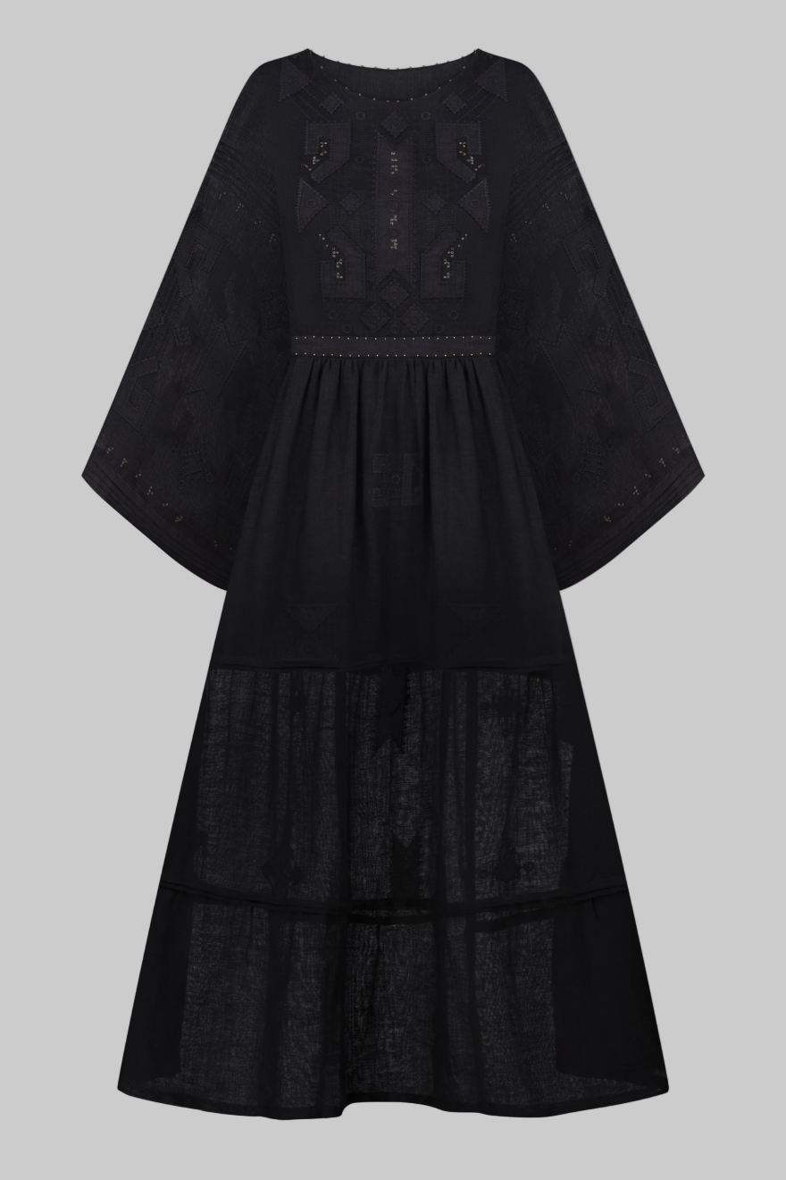 Rochie lungă din in, brodată cu model Braille, neagră 