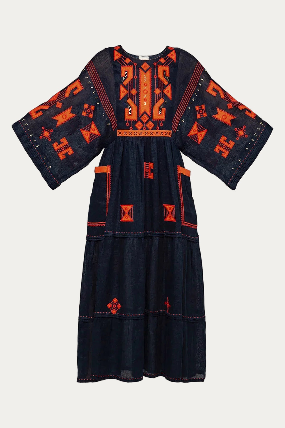 Braille Long Dress in Navy Blue and Orange Embroidery by My Sleeping Gypsy