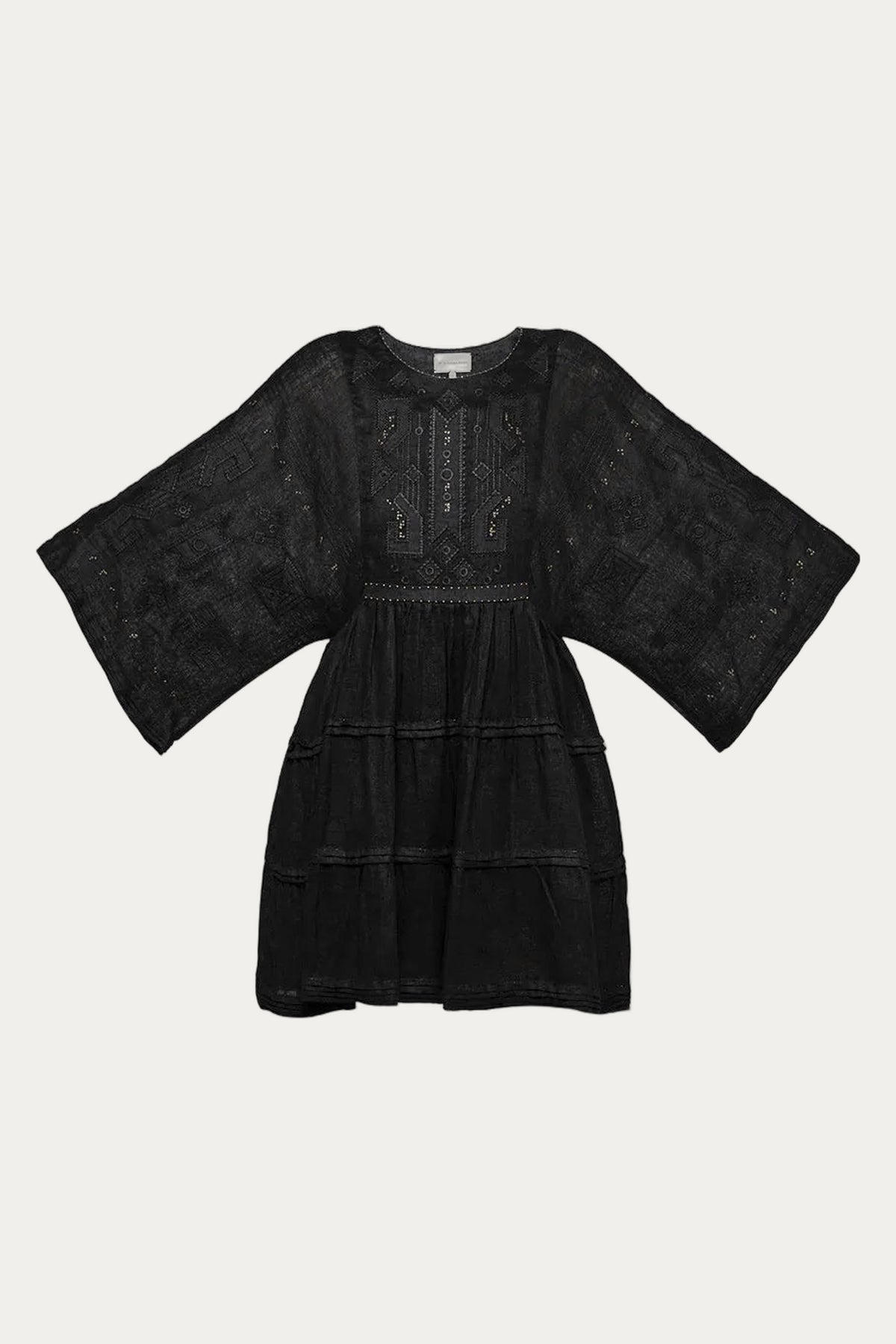 Braille motif Black Linen Short Dress with Gold Beads Embroidery by My Sleeping Gypsy