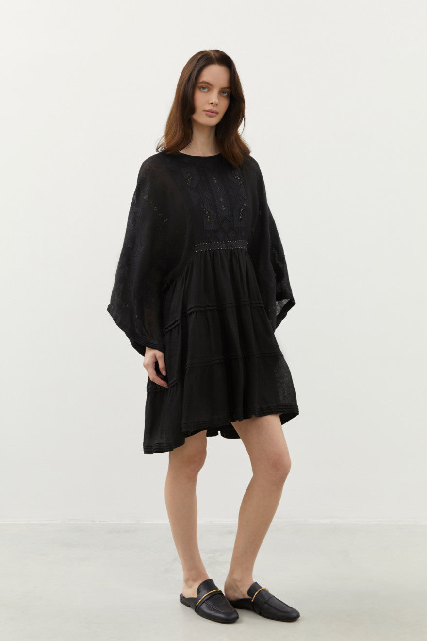 Braille black linen short dress - gold lurex embroidery detail