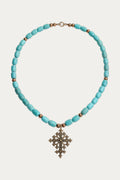 Bronze Cross Pendant & Turquoise Howlite Beaded Necklace by Koza Dereza