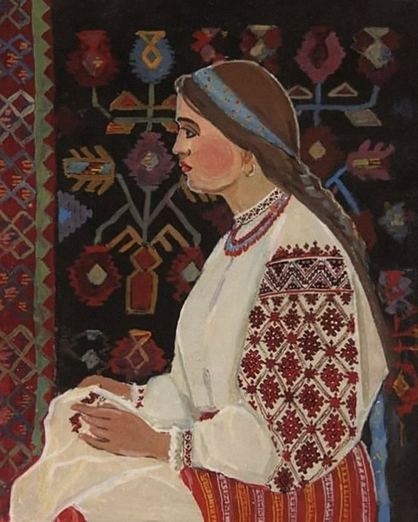 Archive painting of a woman embroidering a Romanian blouse