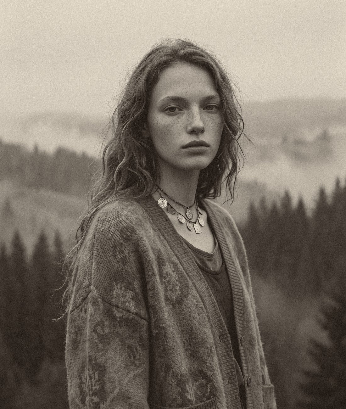 Embroidered wool cardigan with folk roses, worn in an autumn forest