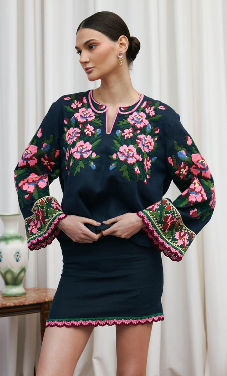 Blossom of Bukovyna embroidered linen blouse - back view