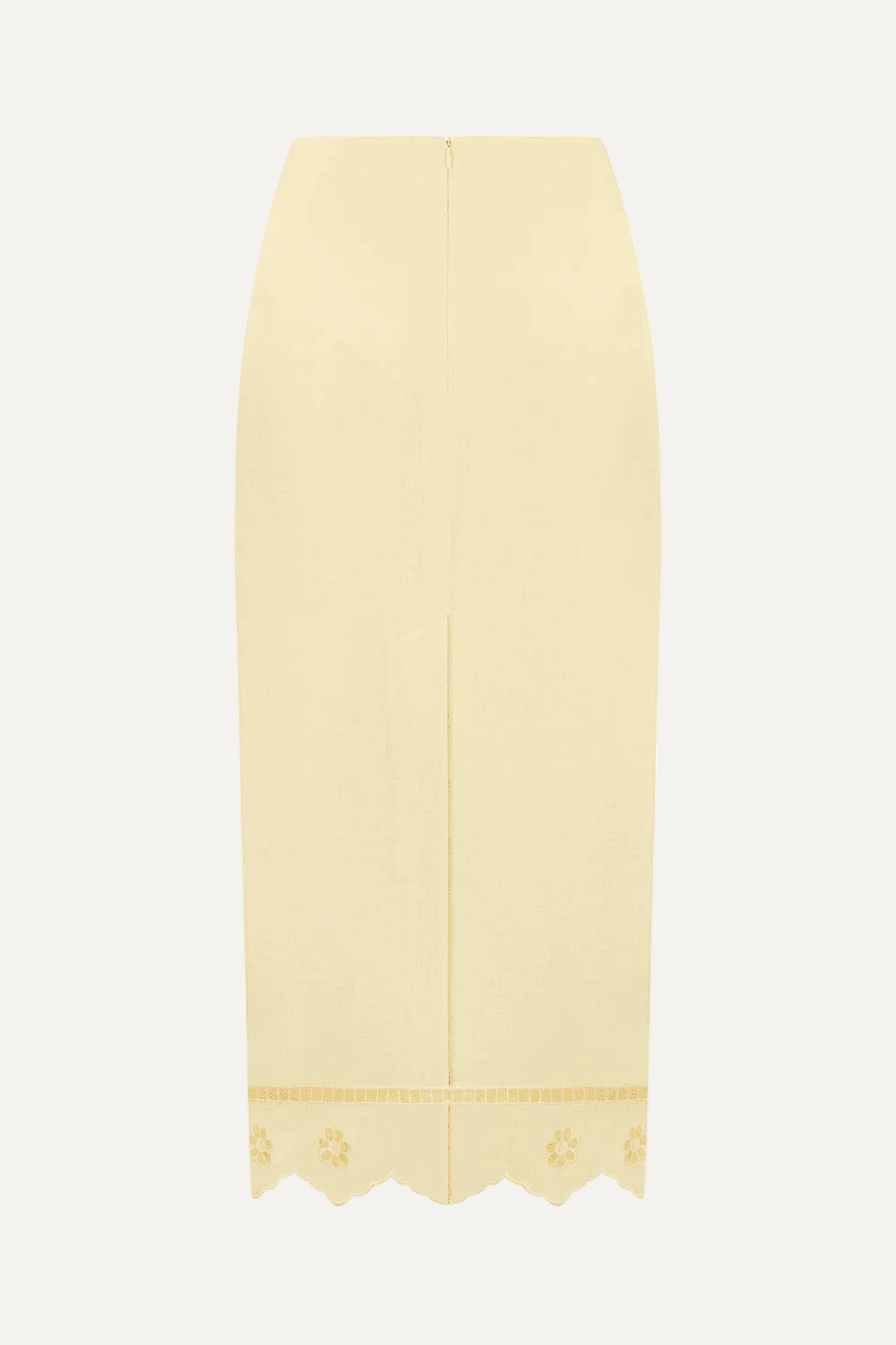 Butter-yellow--colored skirt with lace trim on a white background