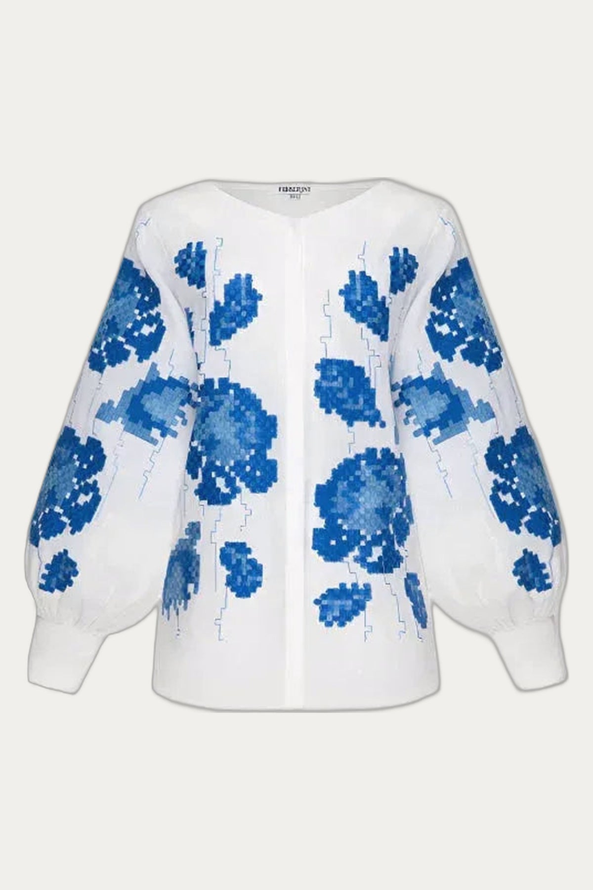 Camelia Blue Hand-Embroidered Linen Shirt by Foberini