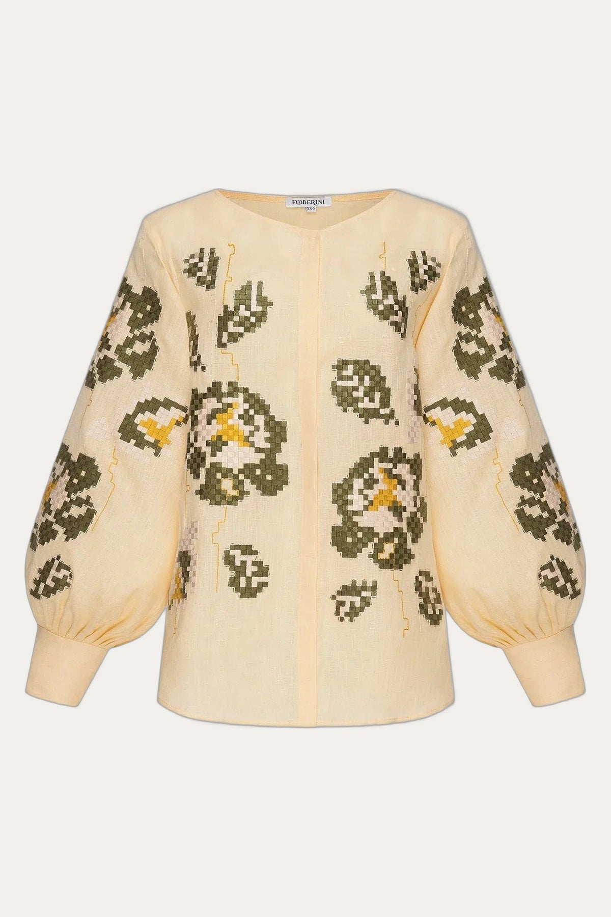 Camelia mustard and green cross stitched embroidery linen shirt in beige by Foberini