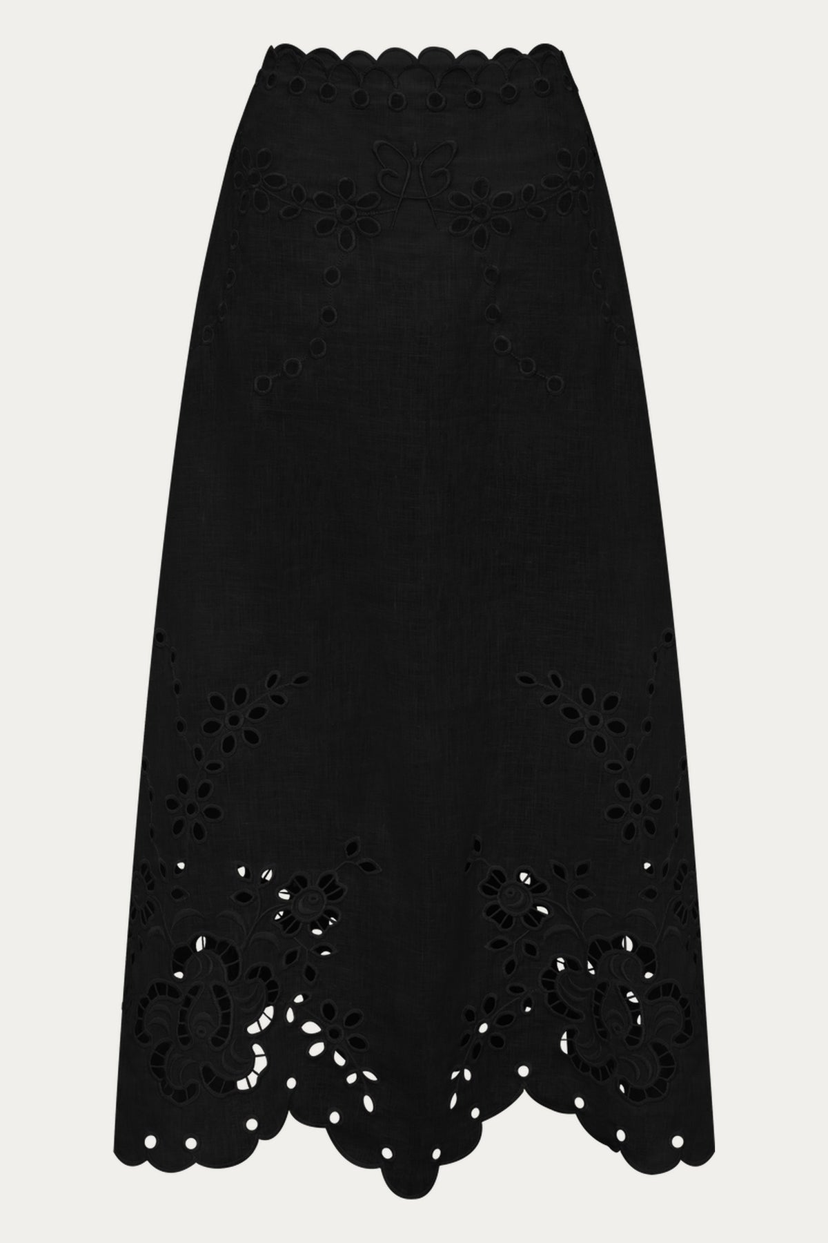 Celestial Garden Black Linen Richelieu Embroidered Midi Skirt by ANNABO
