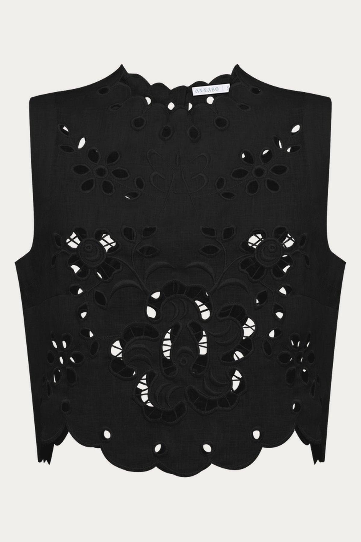 Celestial Garden Sleeveless Black Linen Crop Top with Richelieu Embroidery and Lining by ANNABO