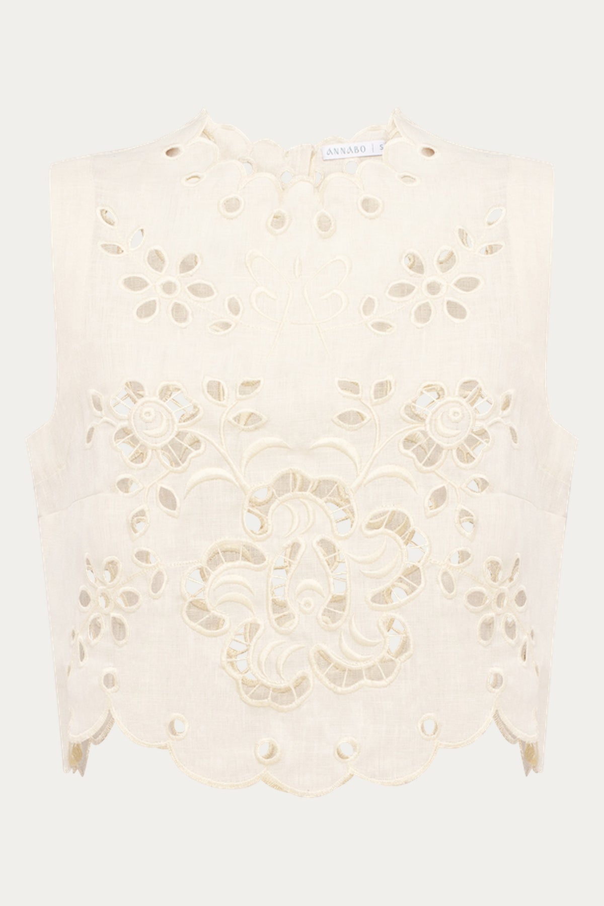 Celestial Garden Sleeveless Linen Crop Top with Richelieu Embroidery and Lining - Ivory by ANNABO