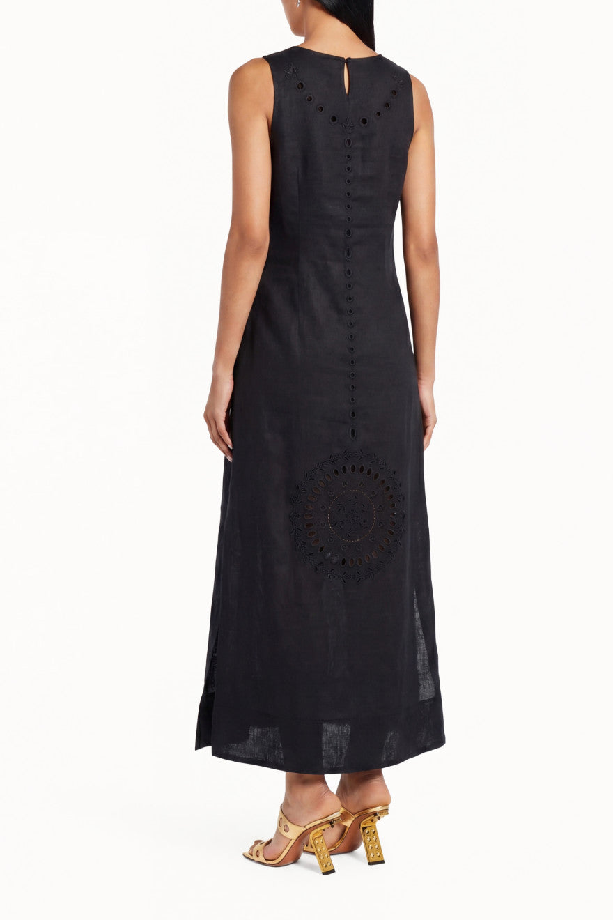 Champenois black linen midi dress - Richelieu medallion cutwork detail